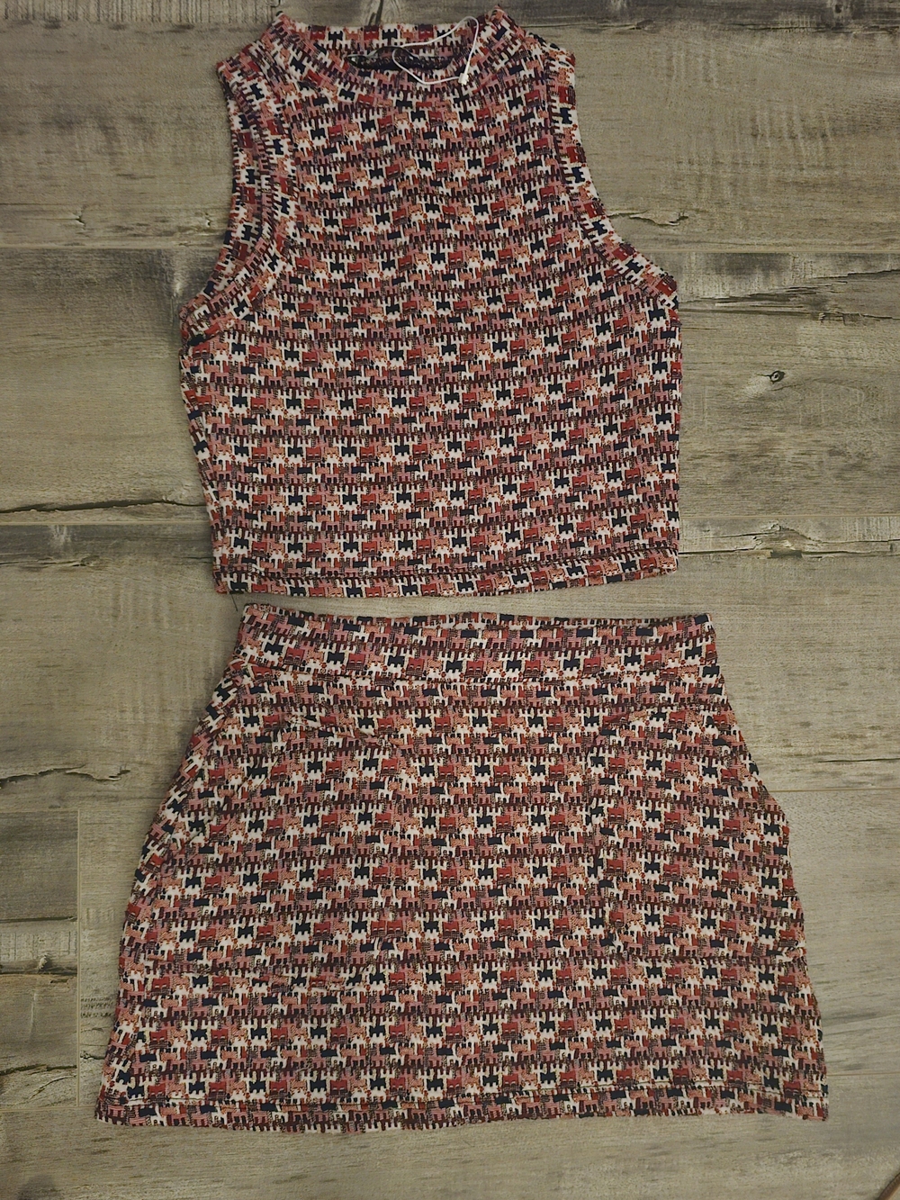 Zara Red, Navy & Cream Knit Two-Piece Skirt Set Size S Cute Retro Coordinates